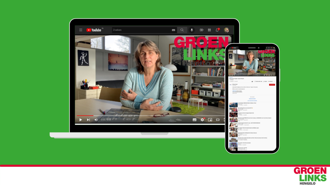 Mockup van een youtubevideo op een laptop en een telefoon, op een groene achtergrond met GroenLinks branding aan de onderzijde.